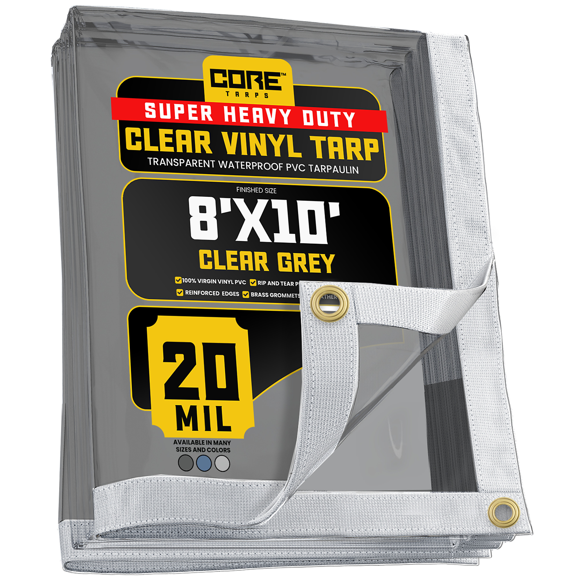 Core Tarps Extreme Heavy Duty Vinyl Tarp — 8ft. x 10ft., 20 Mil, Waterproof PVC, Brass Grommets, Clear Grey, Model# CT-102-8X10